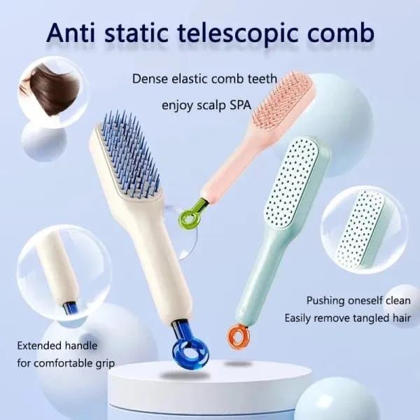Portable Telescopic Self Cleaning Hair Brush, One-Click Cleaning Telescopic Hair Comb, Anti-Static Telescopic Hairbrush, Anti-Hair Entangled Automatic Cleaning Portable Comb